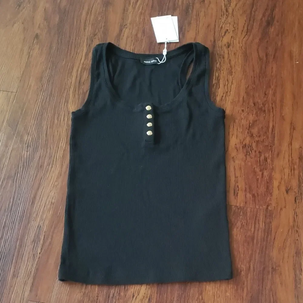 Anine Bing Black Tank Top with Gold Button Accents Size Small NEW Chic Feminine - Picture 1 of 7